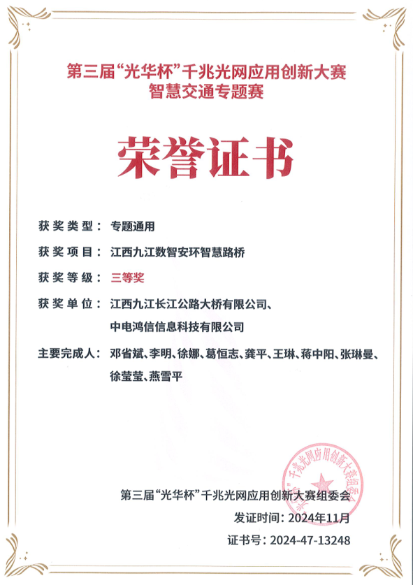 喜報(bào)！九江二橋榮獲第三屆“光華杯”千兆光網(wǎng)應(yīng)用創(chuàng)新大賽智慧交通專(zhuān)題賽三等獎(jiǎng)